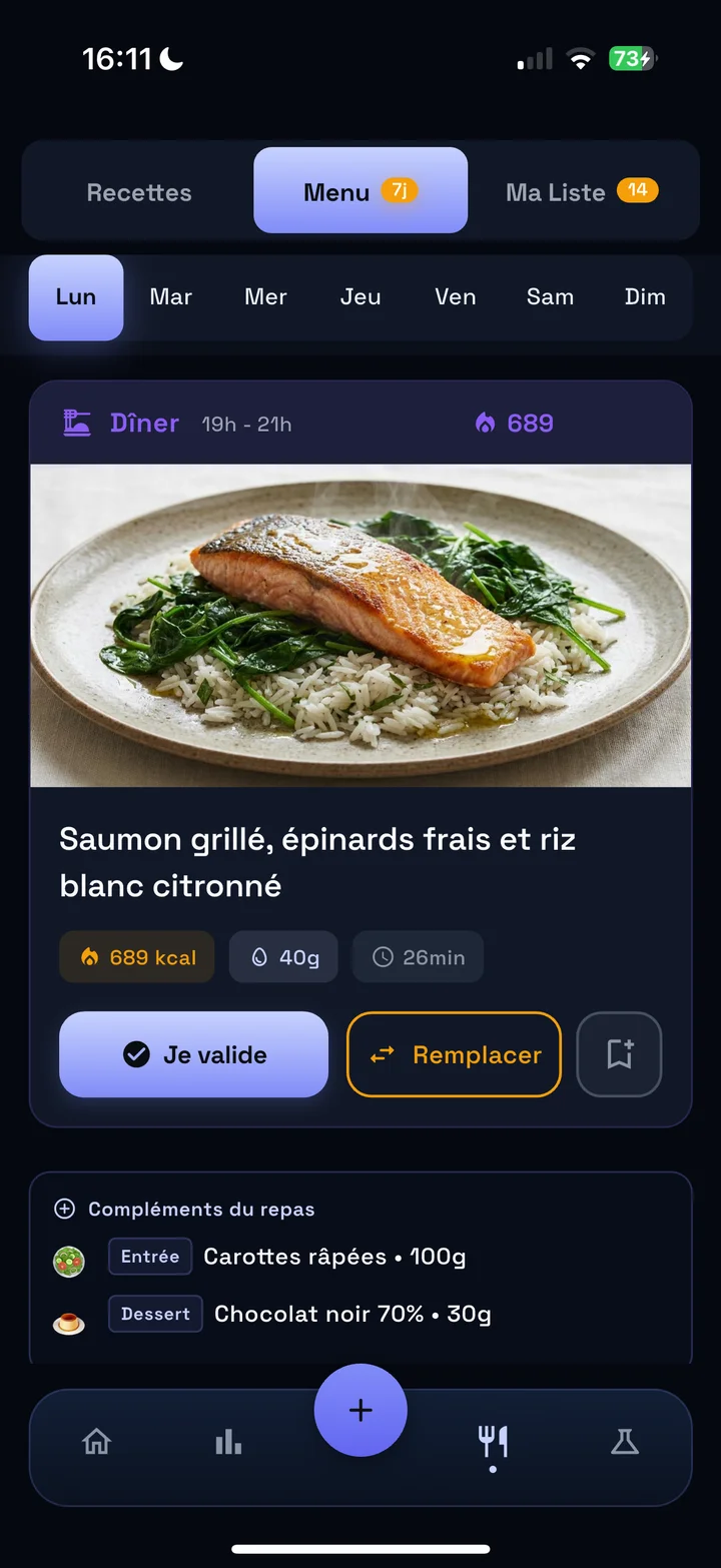 Écran menu d'Anawiri : dîner du lundi, saumon grillé, épinards frais et riz blanc citronné, 689 kcal, avec compléments du repas