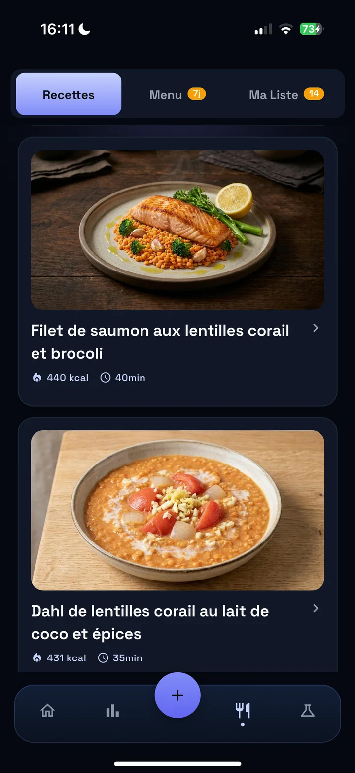 Écran recettes d'Anawiri : filet de saumon aux lentilles corail et brocoli 440 kcal, dahl de lentilles corail au lait de coco 431 kcal